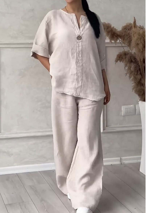 Women's casual linen relax set with wide pants and shirt blouse Mune Fashion
