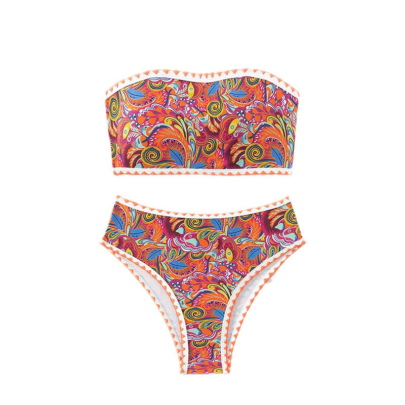 Women's bandeau bikini with colorful psychedelic design and elegant ruffles Mune Fashion