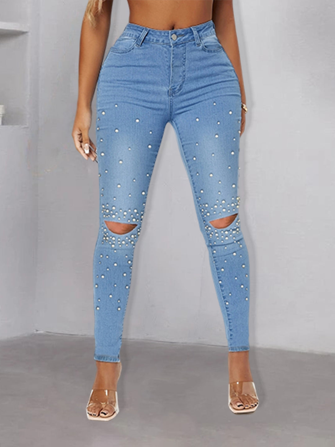 Women Tight High-Waist Skinny Jeans with Pearl Trim and Knee Cutouts Mune Fashion