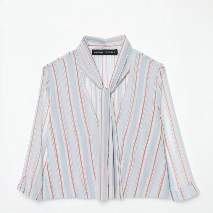 Women's 10+ airy striped blouse cape with tie scarf and ruffle sleeves Mune Fashion