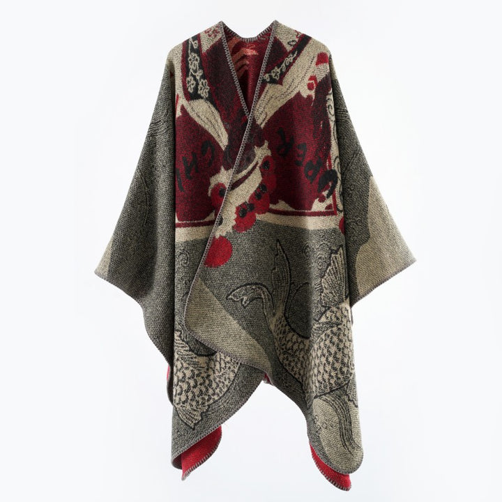 Women's Jacquard Knit Cape with Koi Motif and Wide Oversize Fall Mune Fashion