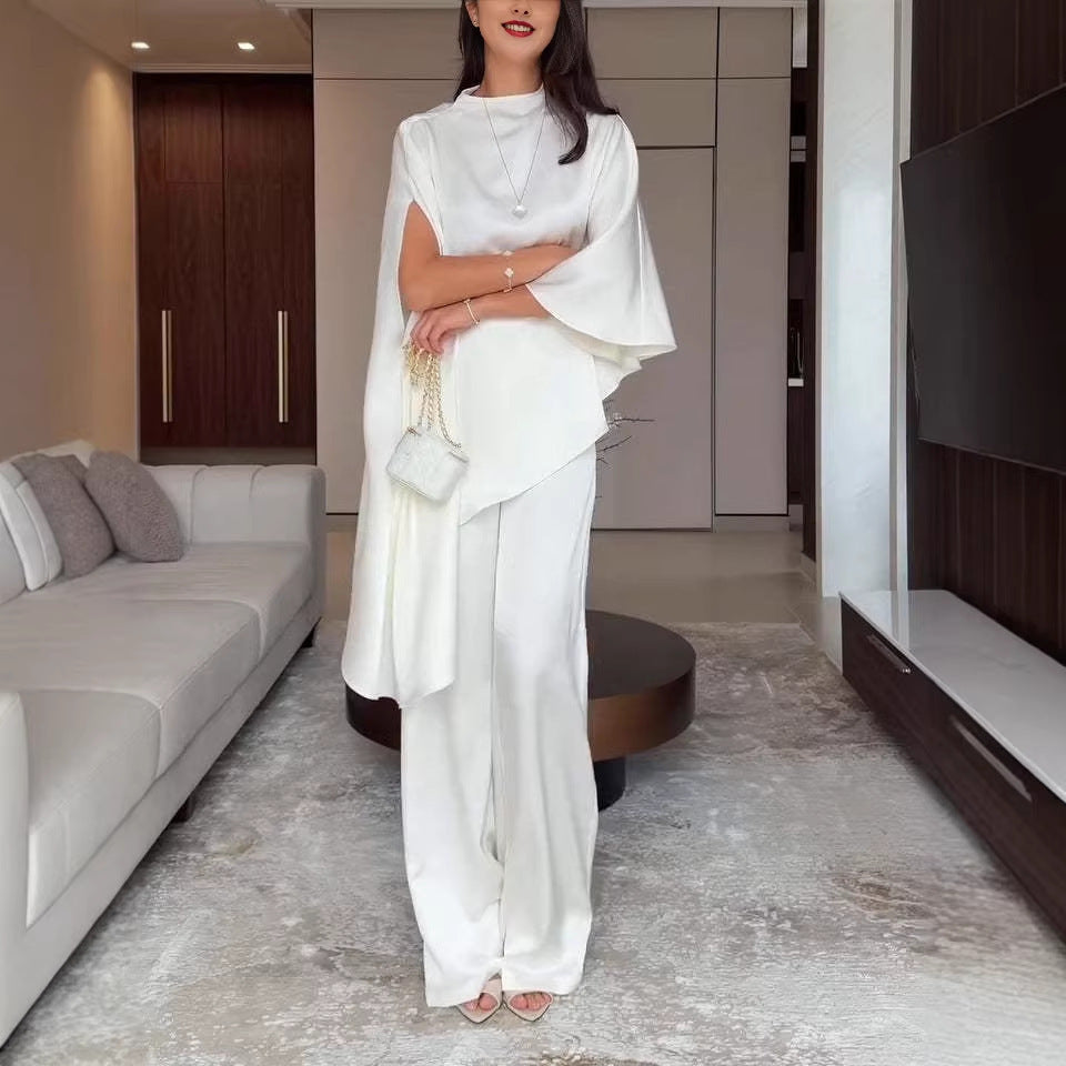Women Two-Piece Chiffon Cape with Asymmetrical Hem and Trousers with Elastic Waist Mune Fashion