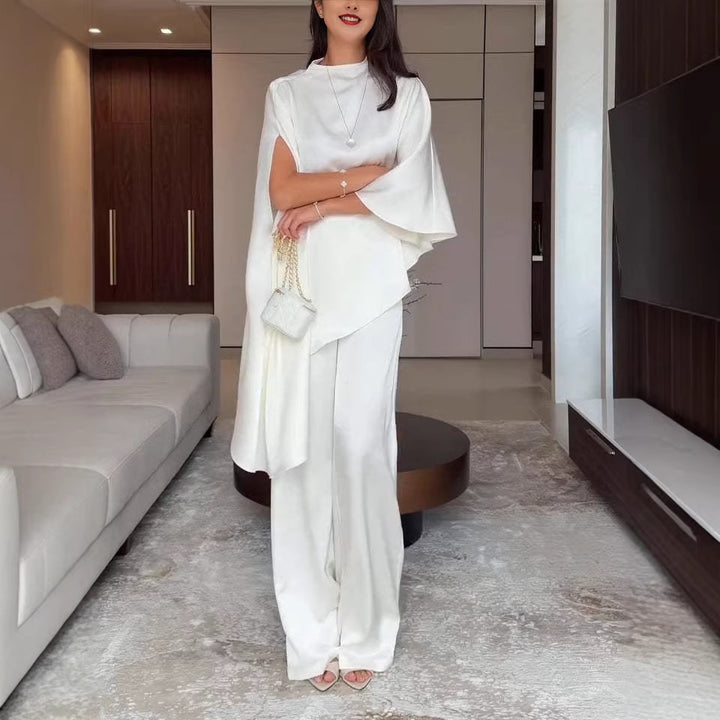 Women Two-Piece Chiffon Cape with Asymmetrical Hem and Trousers with Elastic Waist Mune Fashion