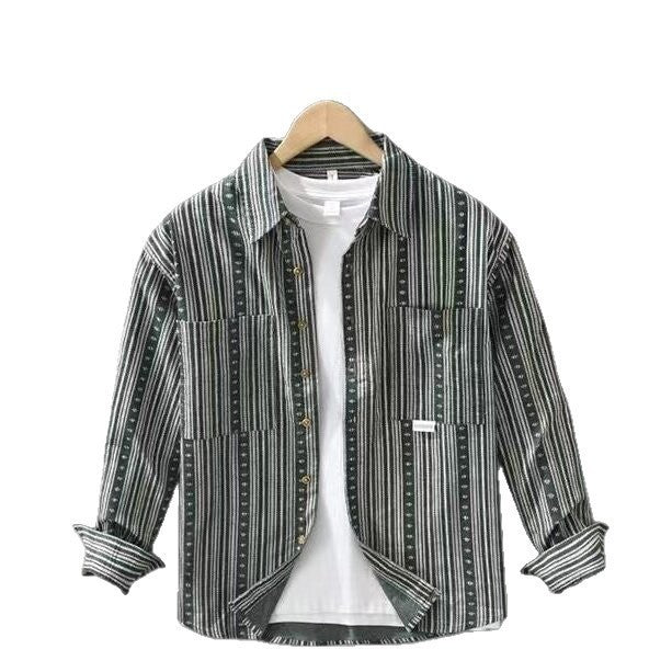 Men's overshirt in a casual worker style with vertical stripe pattern and patch pockets Mune Fashion