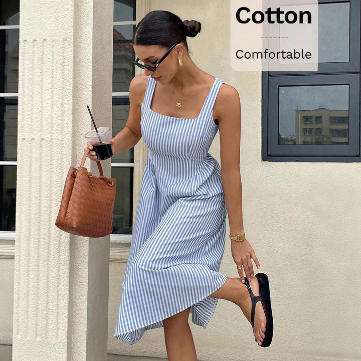 Women’s midi dress with square neckline, wide straps and tailored A-line cut Mune Fashion