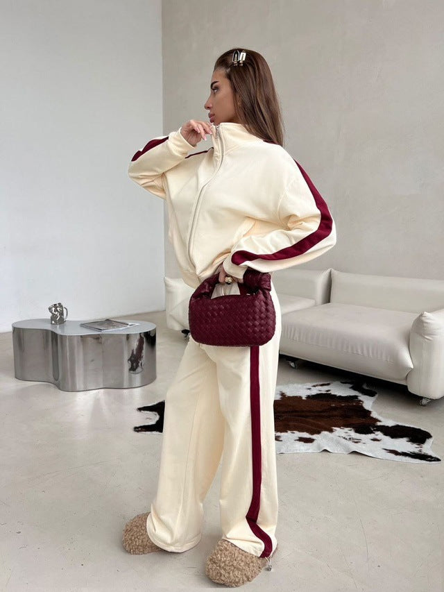 Women's loose zip sweat set with hood, high waistband and side contrast stripe Mune Fashion