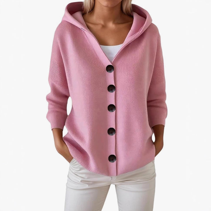 Women's hooded cardigan with large wooden buttons and side pockets Mune Fashion