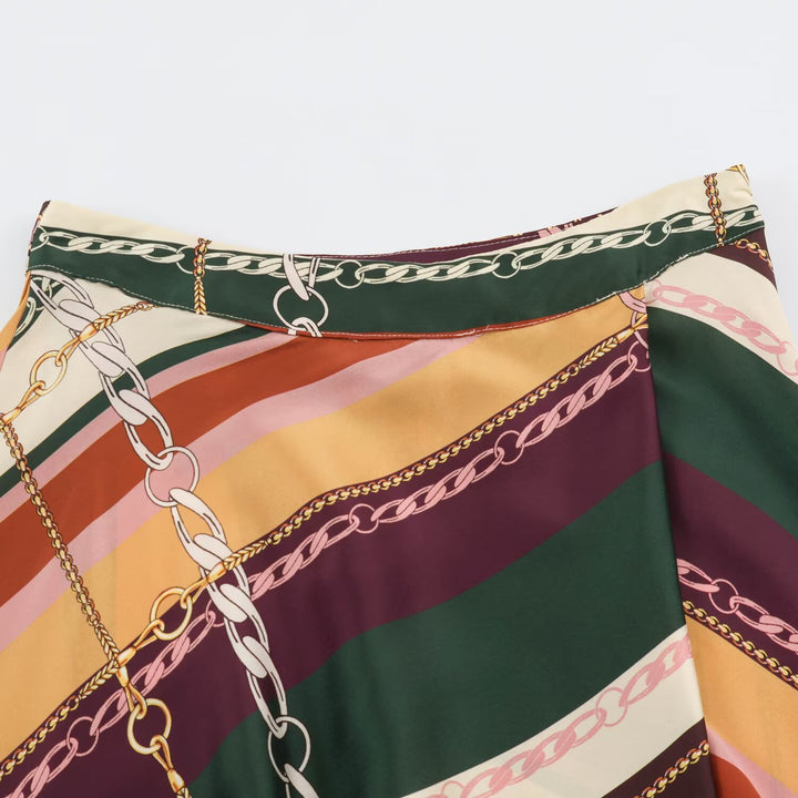 Women's Asymmetric Midi Skirt with Chain Print and Flowing Satin Look Mune Fashion