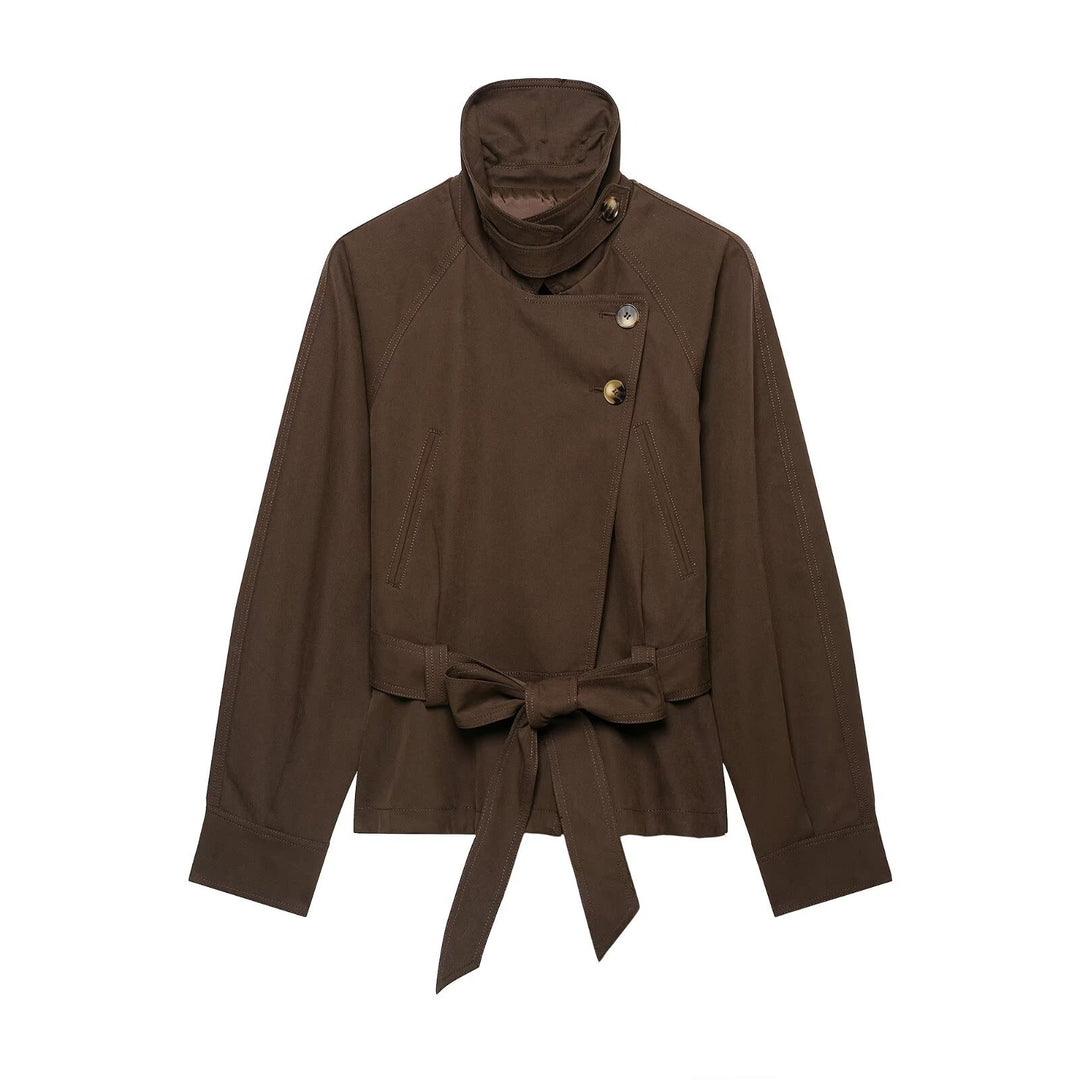 Women's short trench coat with high stand-up collar, tie belt, and asymmetrical button placket Mune Fashion