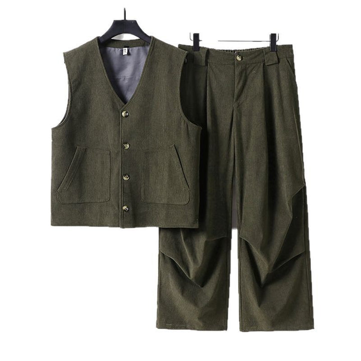 Men's cord loungewear set with V-neck vest and wide pleated trousers Mune Fashion