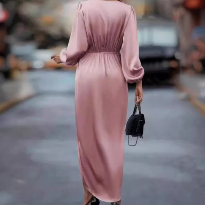 Women's elegant satin midi dress with twist waist V-neck and balloon sleeves Mune Fashion