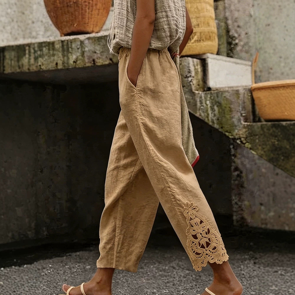 Women's casual pants made of linen blend with elastic drawstring waistband and lace embroidery on the leg