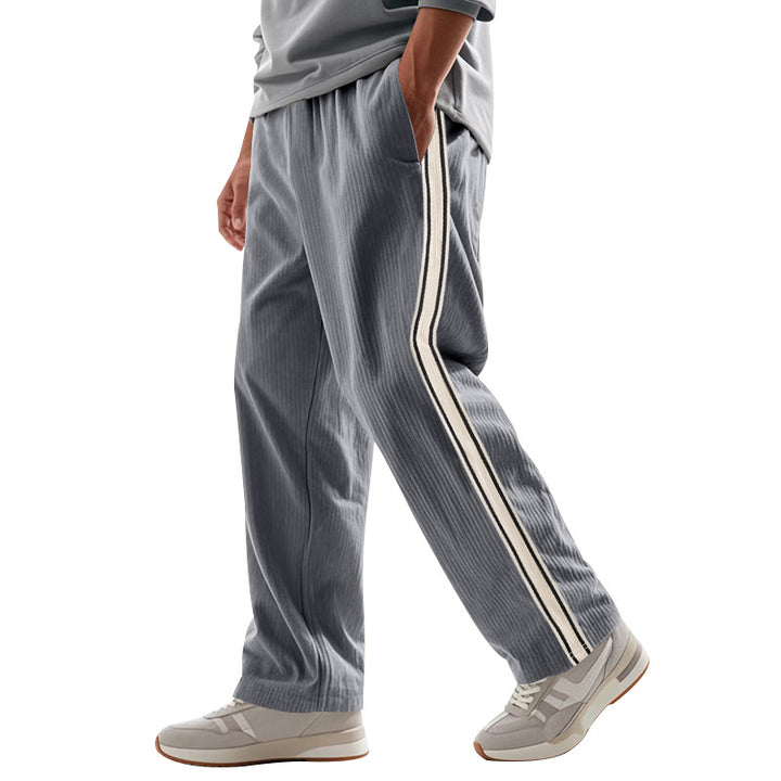 Men's Relaxed Corduroy Look Track Pants with Side Stripes, Elastic Waistband & Drawstring Mune Fashion