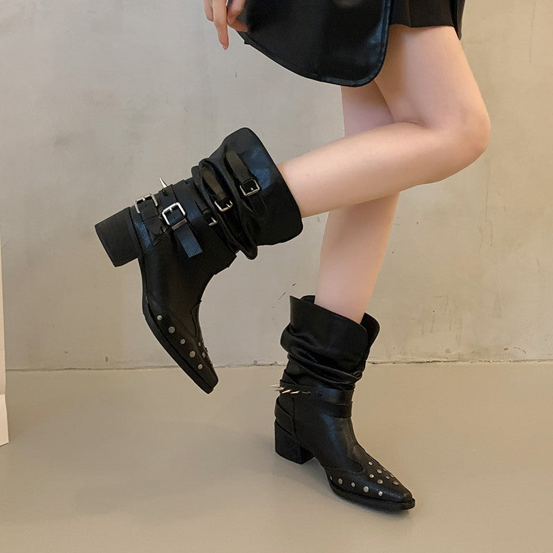 Ladies Stylish Ankle Boots with Buckles and Studs Mune Fashion
