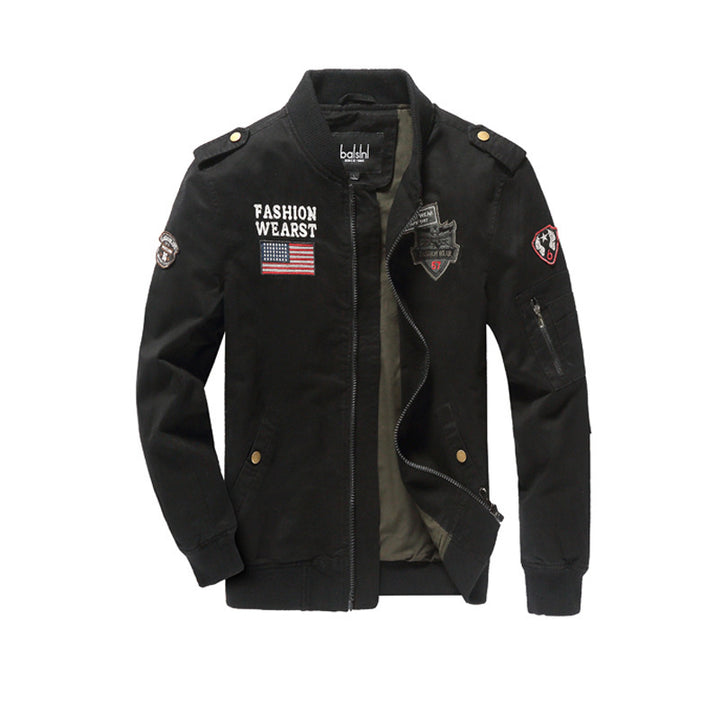 Men's Canvas Bomber Jacket with Patch Details, Sleeve Utility Pocket and Ribbed Cuffs Mune Fashion