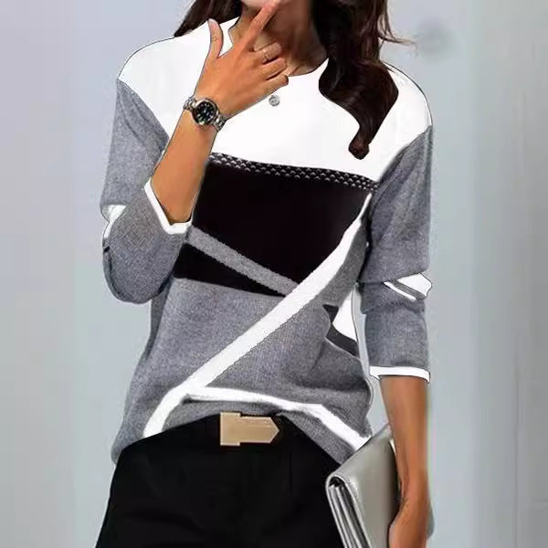 Women's loosely cut knitted sweater with geometric color block and three-quarter sleeves Mune Fashion