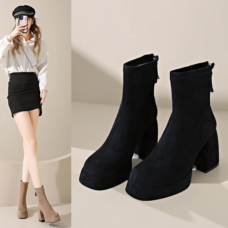 Women's platform ankle boots made of suede with a high block heel