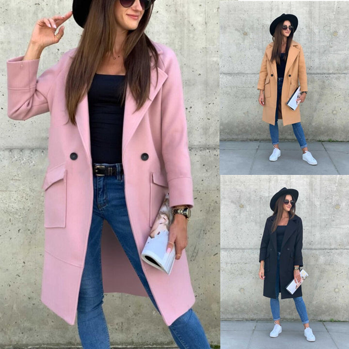 Women's Midi-Length Wool Blend Coat in Clean-Cut with Notched Collar and Patch Pockets Mune Fashion
