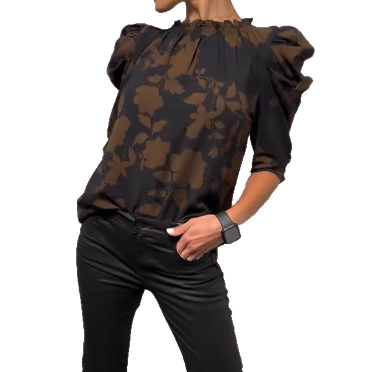 Women's wide-cut slip blouse with smocked ruffle collar and elbow-length puff sleeves Mune Fashion