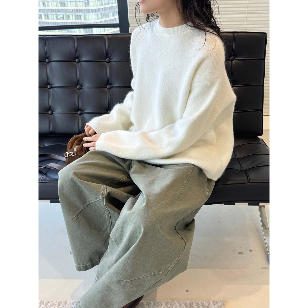 Women Soft Angora-Optic Round Neck Sweater with Loose Oversize Silhouette Mune Fashion