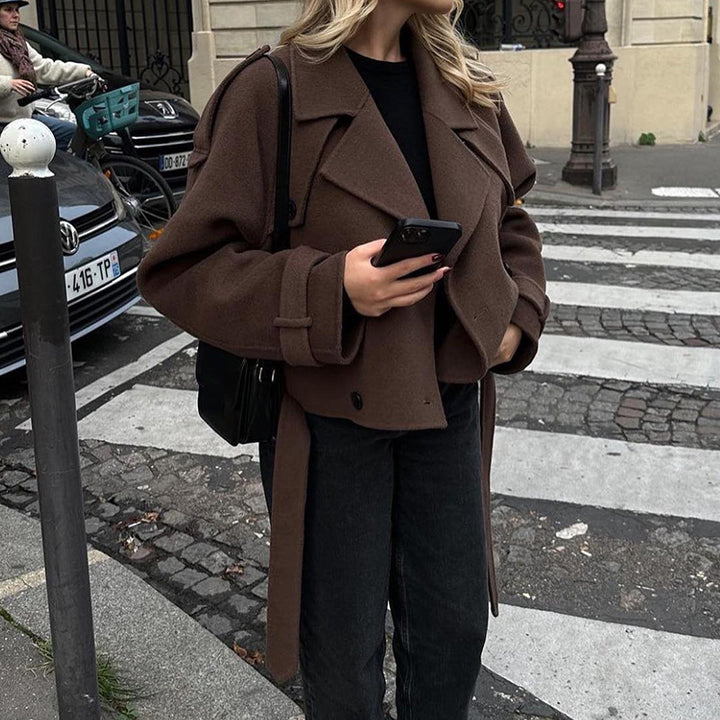 Women short cut oversized wool blend peacoat with wide lapels and tie belt Mune Fashion
