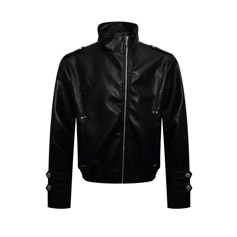 Men's short cut faux leather jacket with stand-up collar, zip front and decorative cuffs Mune Fashion