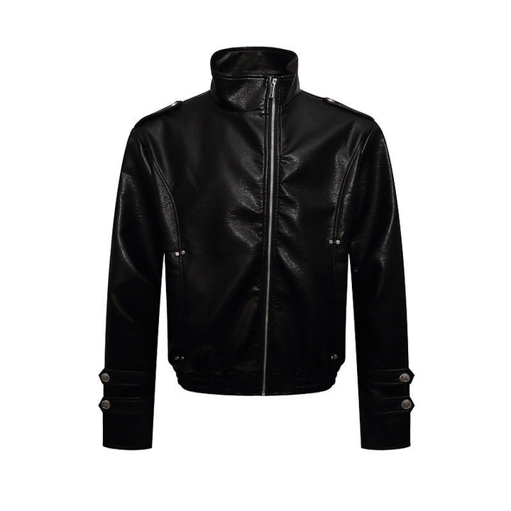 Men's short cut faux leather jacket with stand-up collar, zip front and decorative cuffs Mune Fashion