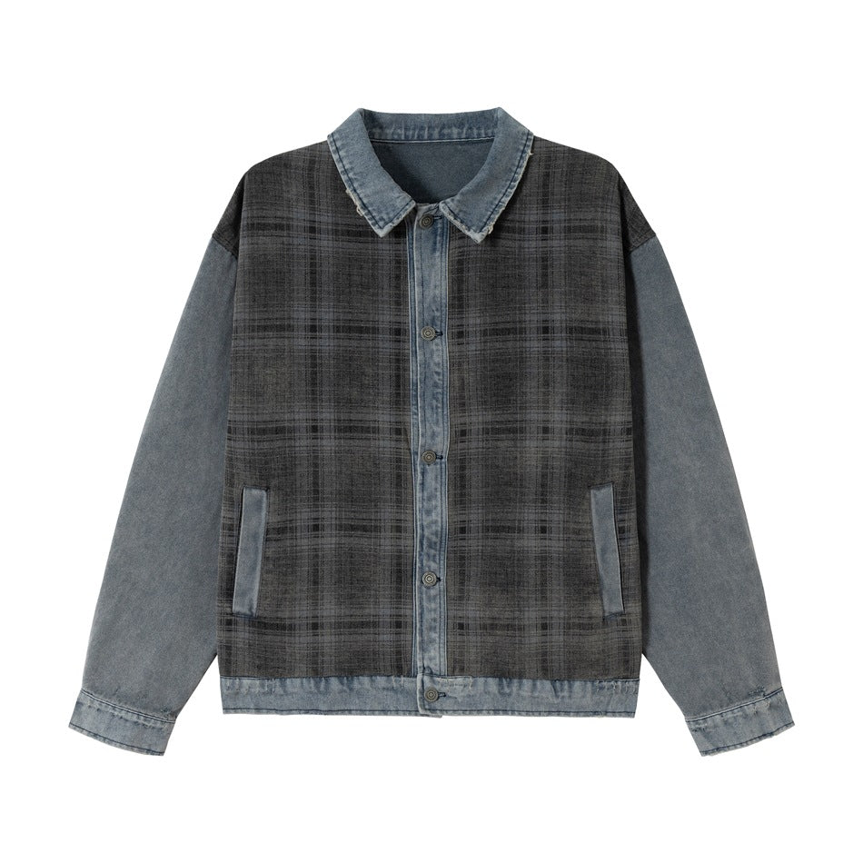 Unisex Boxy Denim Jacket with Checkered Front Panel, Contrasting Denim Sleeves and Snap Button Placket Mune Fashion