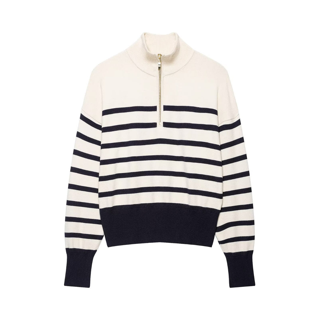 Women Striped Fine Knit Sweater with Stand-Up Collar and Half Zip Mune Fashion