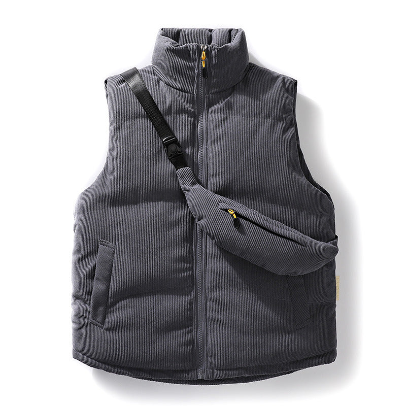 Men's Padded Fine Cord Quilted Vest with High Stand-Up Collar and Integrated Crossbody Fanny Pack Mune Fashion