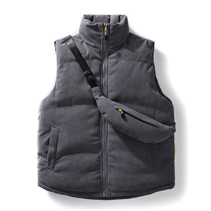 Men's Padded Fine Cord Quilted Vest with High Stand-Up Collar and Integrated Crossbody Fanny Pack Mune Fashion