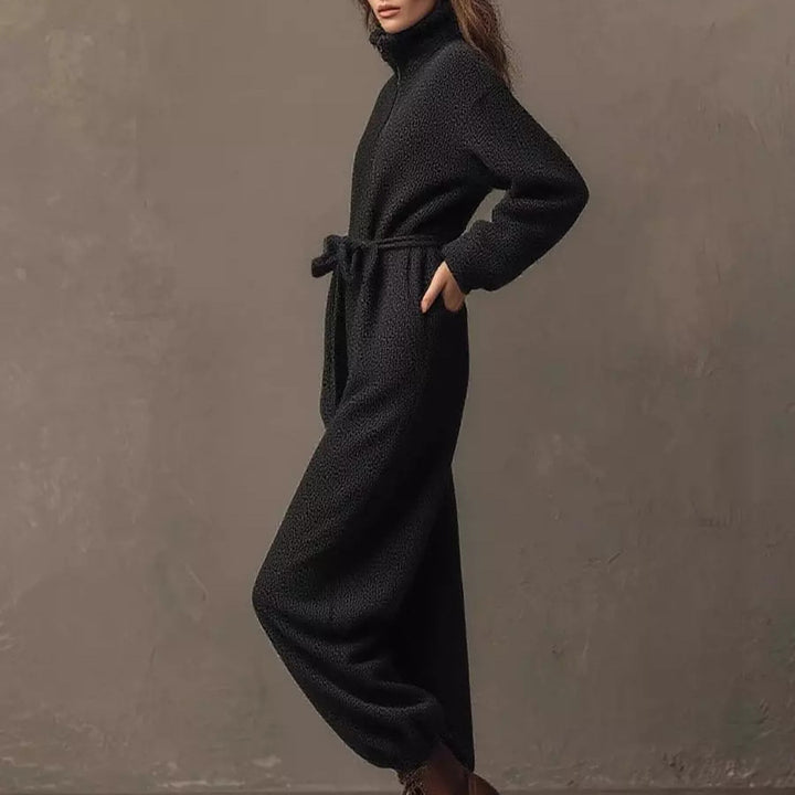 Women's Boucle Jumpsuit with Half Zipper, Waist Belt and Wide Leg Drune