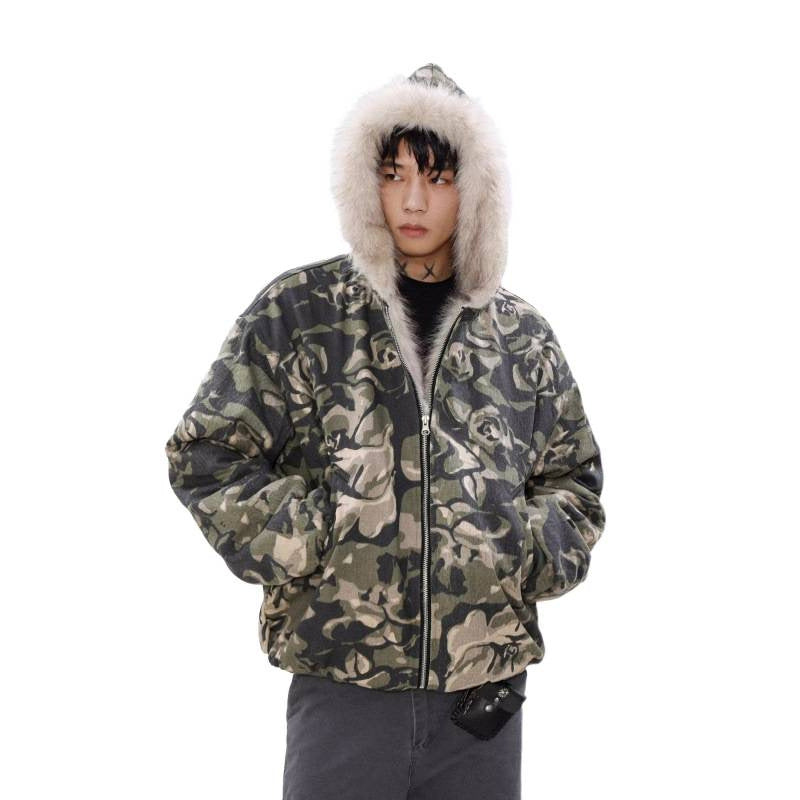 Men's Warmer padded camouflage bomber with hood and faux fur trim Mune Fashion