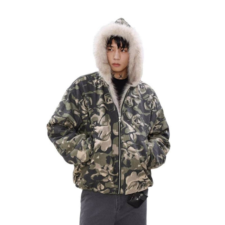 Men's Warmer padded camouflage bomber with hood and faux fur trim Mune Fashion