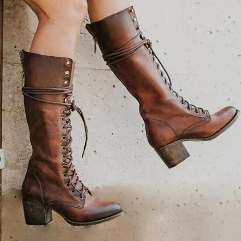 Women’s Lace-Up Knee-High Boots with Block Heel