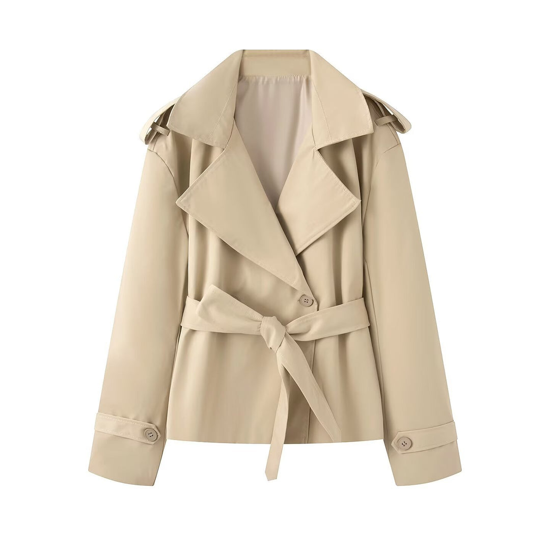 Women's Short Cut Trench Coat with Waist Belt and Wide Lapels Mune Fashion