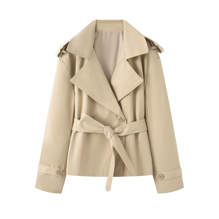 Women's Short Cut Trench Coat with Waist Belt and Wide Lapels Mune Fashion