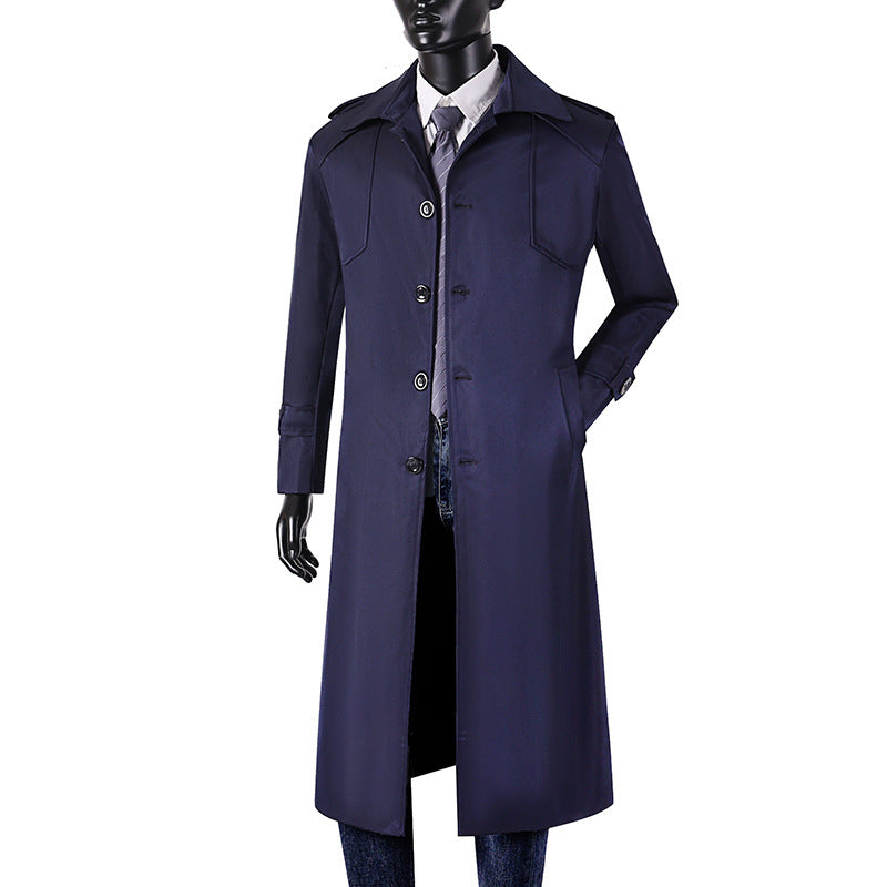 Men's Long Cut Trench Coat with Classic Lapels and Water-Repellent Finish Mune Fashion