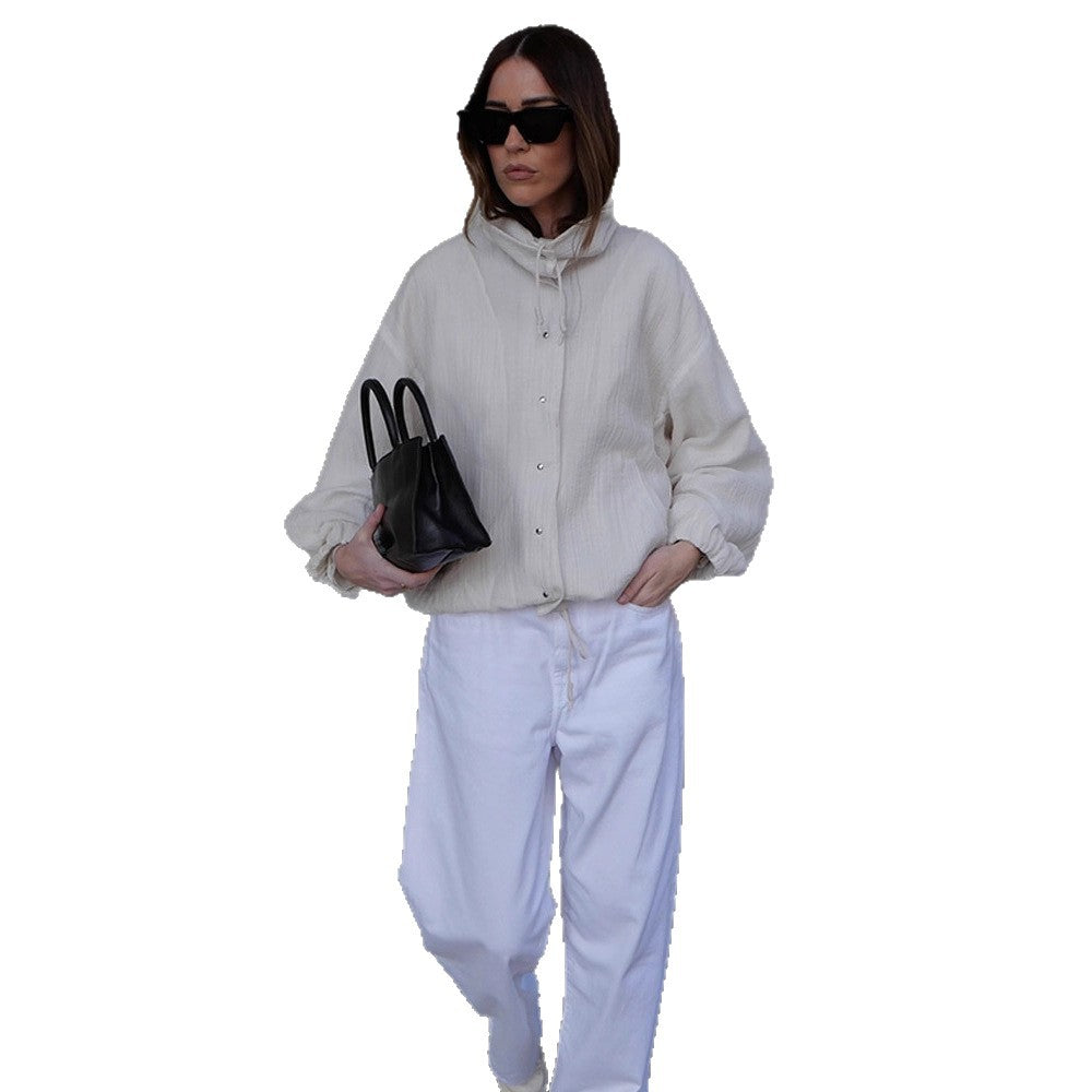 Women's Lightweight Hooded Blouson Jacket made of Cotton Muslin with Drawstring Mune Fashion