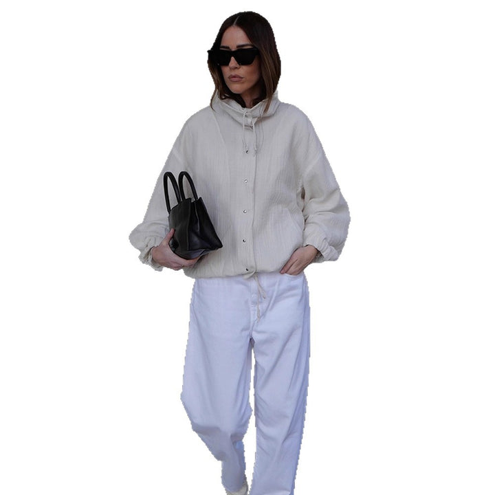 Women's Lightweight Hooded Blouson Jacket made of Cotton Muslin with Drawstring Mune Fashion