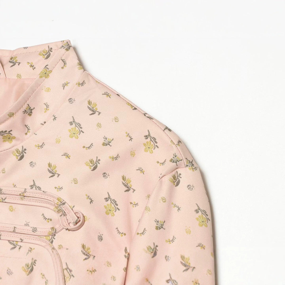 Women's short-cut satin military jacket with decorative frog closures and floral print Drune