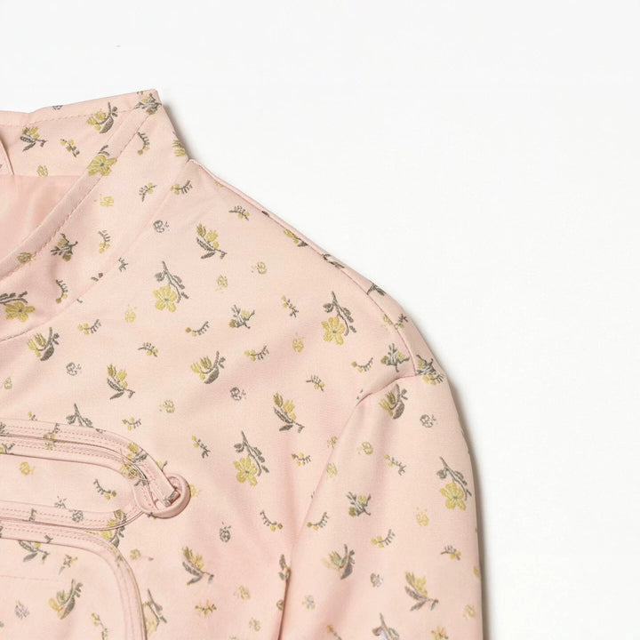 Women's short-cut satin military jacket with decorative frog closures and floral print Drune