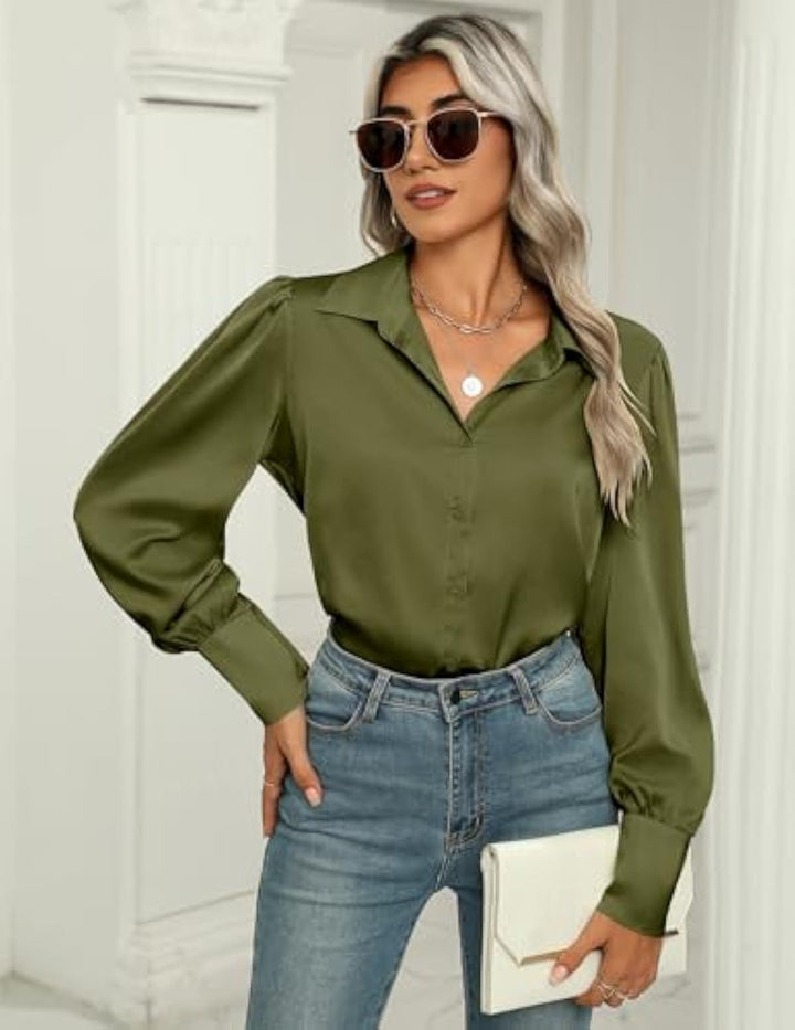 Women's silk look blouse with shirt collar, concealed button placket and long cuffs Drune
