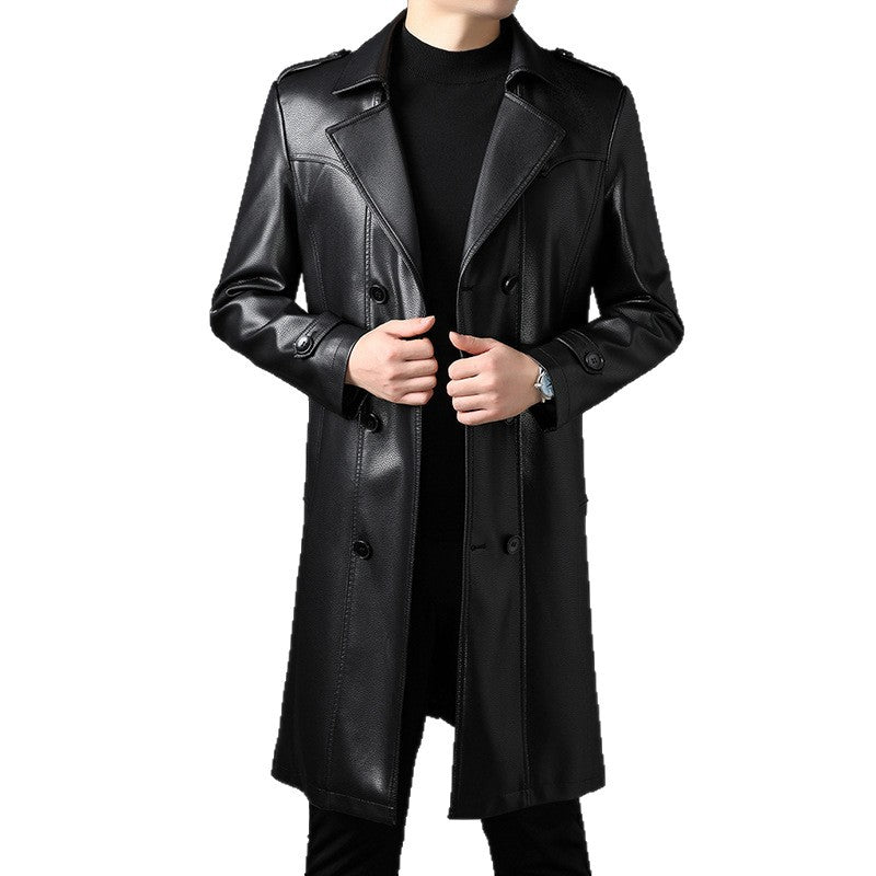 Men's Long Leather Trench Coat with Waist Belt and Double-Breasted Button Placket Mune Fashion