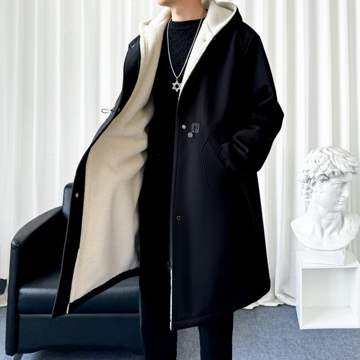 Men's longer water-repellent hooded coat with drawstring, concealed zipper, and flap pockets Mune Fashion