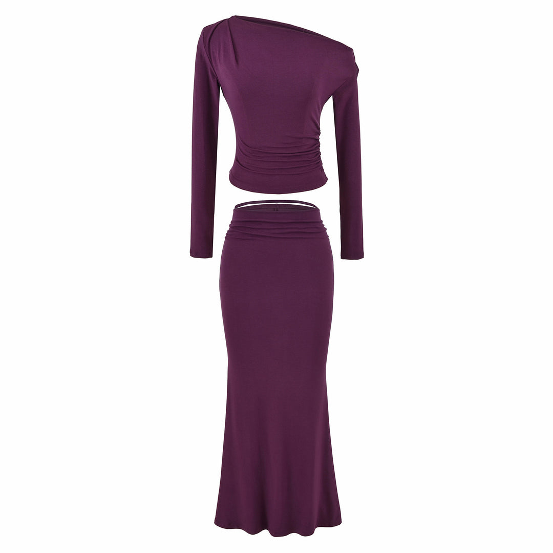 Women's One-Shoulder Two-Piece Set with Ruched Crop Top and Fitted Maxi Skirt Mune Fashion