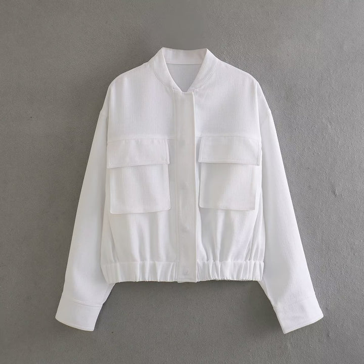 Women nan tailored bomber jacket with elastic hem, shirt collar and back yoke Mune Fashion