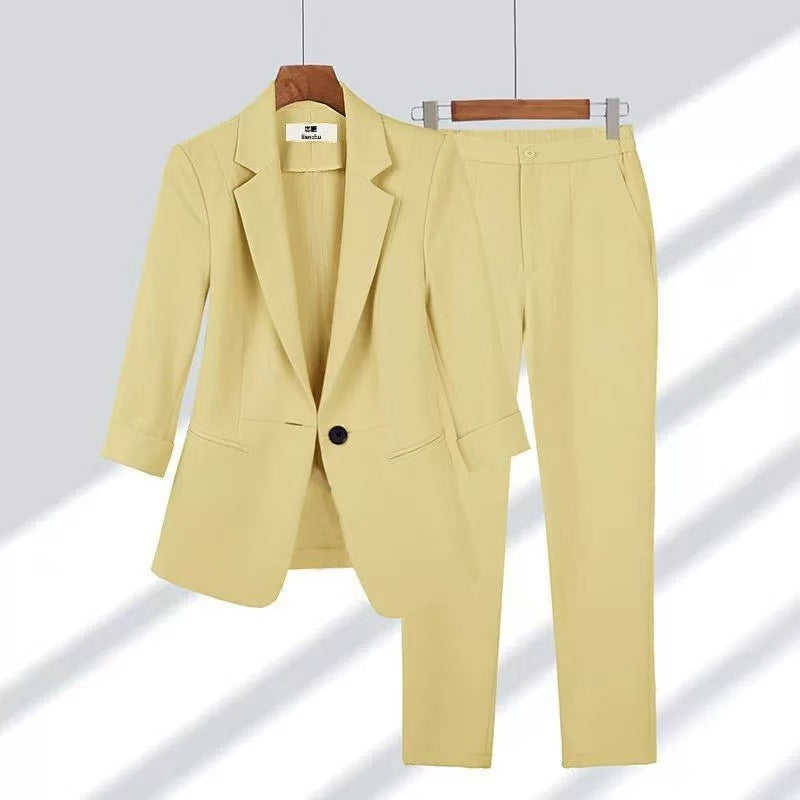 Women's slim two-piece business blazer with roll-up 3/4 sleeves and high-cut tapered pants Mune Fashion