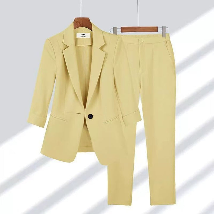 Women's slim two-piece business blazer with roll-up 3/4 sleeves and high-cut tapered pants Mune Fashion