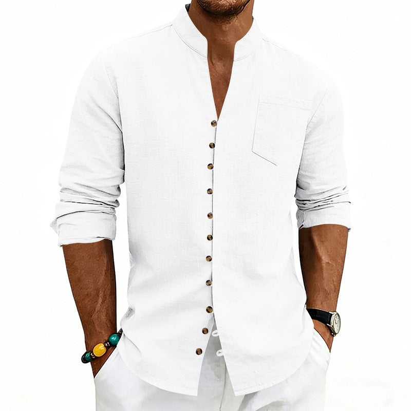 Men's shirt with stand-up collar and asymmetrical button placket made of linen mix Mune Fashion